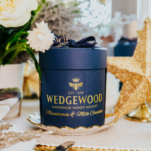 Milk Chocolate & Macadamia Navy Small Hat Box (Ex-Factory Price) | Wedgewood Nougat